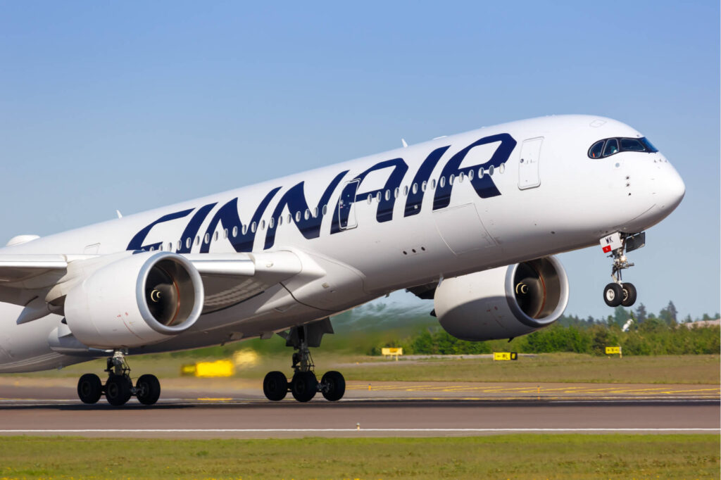 Finnair Airbus A350 airplane taking off at Helsinki Airport