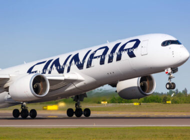 Finnair Airbus A350 airplane taking off at Helsinki Airport.