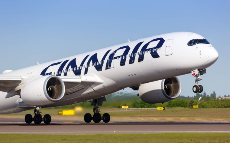 Finnair Airbus A350 airplane taking off at Helsinki Airport