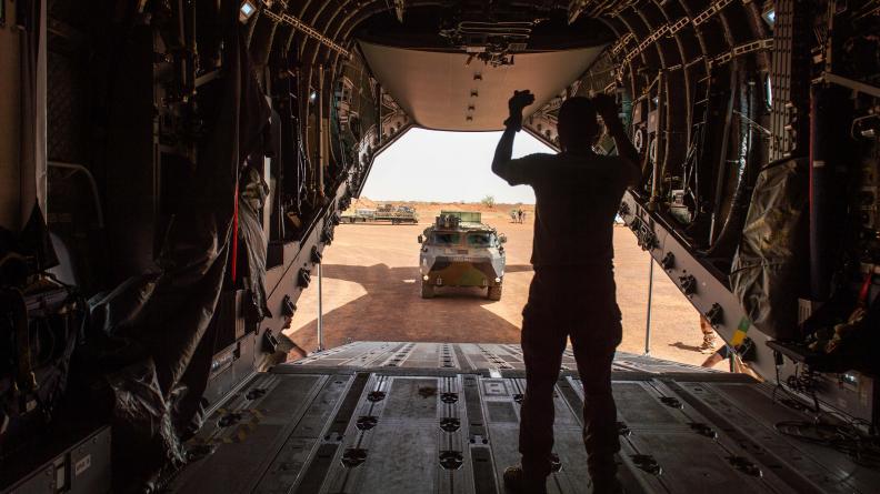 A VAB armored personnel carrier being loaded into an Airbus A400M