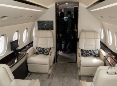 Modern interior business jet Dassault Falcon 2000LX at the Paris Air Show 2017.