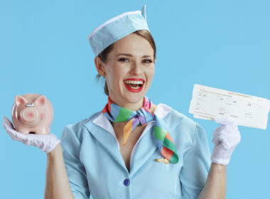 happy elegant female stewardess against blue background in blue uniform with flight tickets and piggy bank.