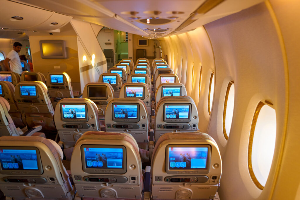 interior shot of lower deck in Emirates Airbus A380