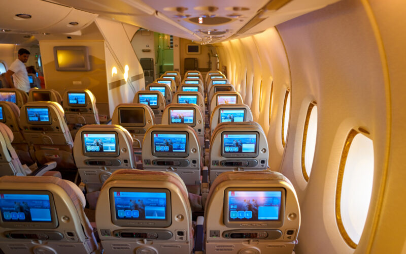 interior shot of lower deck in Emirates Airbus A380