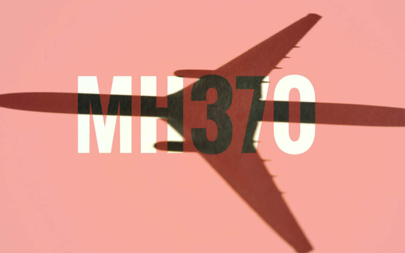 MH370 logo and aircraft on a rose pink background