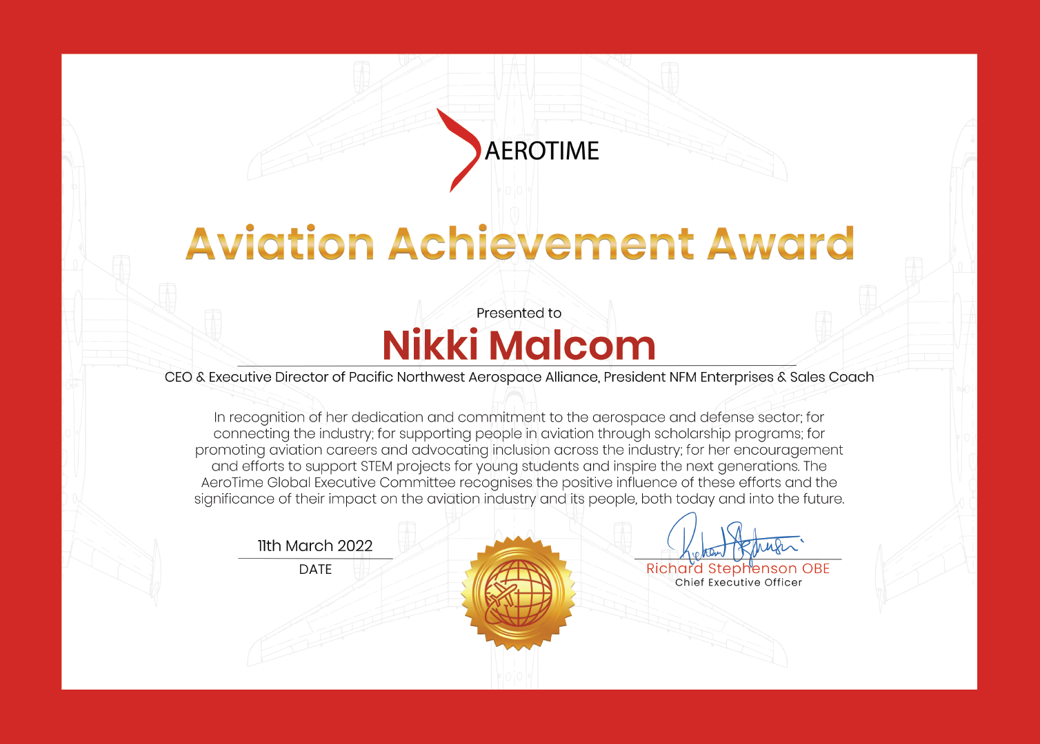 Nikki Malcom, AeroTime Aviation Achievement Award