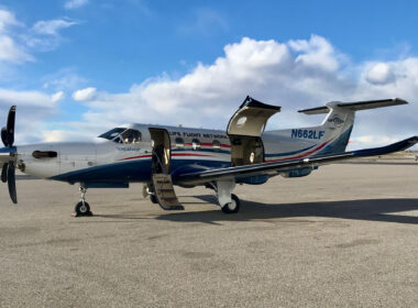 A Pilatus PC-12 of Life Flight Network parked on the ramp at Idaho Falls Regional Airport