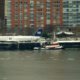 US Airways Flight 1549 resting on a barge next to Battery Park City after being raised out of the Hudson River