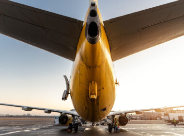 Scenic low angle pov rear bottom view of big modern passenger aircraft back tail on ground parking against blue orange sunset sunrise sky background.